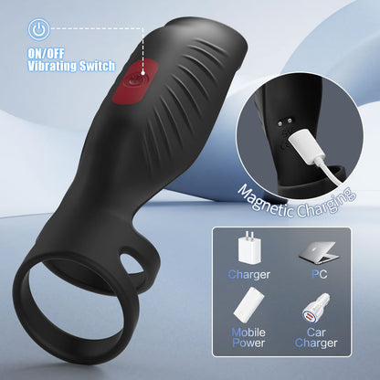 SemenSentry - 9 Vibrating Cock Ring and Penis Sleeve 2 IN 1 Male Vibrator for Couples