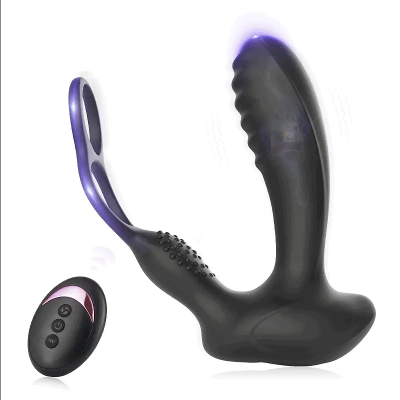Acmejoy 10 Vibrations Heating Function Remote Control Anal Plug with Dual Cock Rings